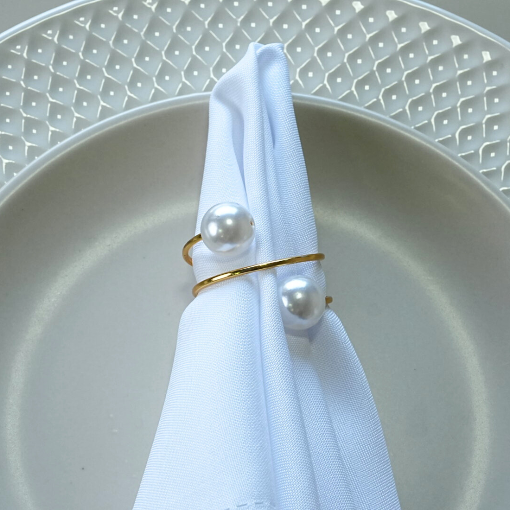Kit 2 Anéis Para Guardanapos Pérola Duas Voltas Dourado