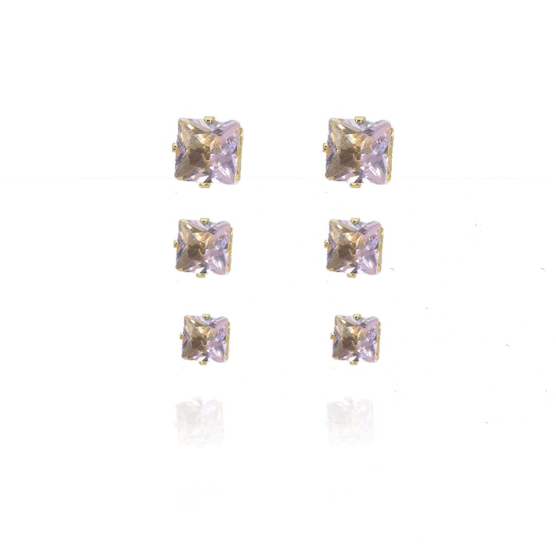 Trio Quadrado de Zircônia Rosa Claro Banhado em Ouro 18k (TR0021)