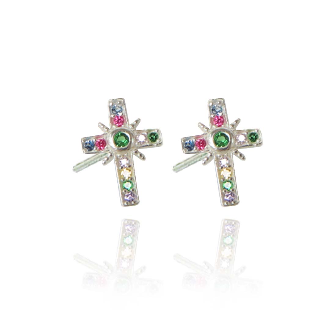 Brinco de Cruz com Zircônias Coloridas em Prata 925 (BR0257)