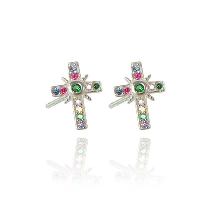 Brinco de Cruz com Zircônias Coloridas em Prata 925 (BR0257)