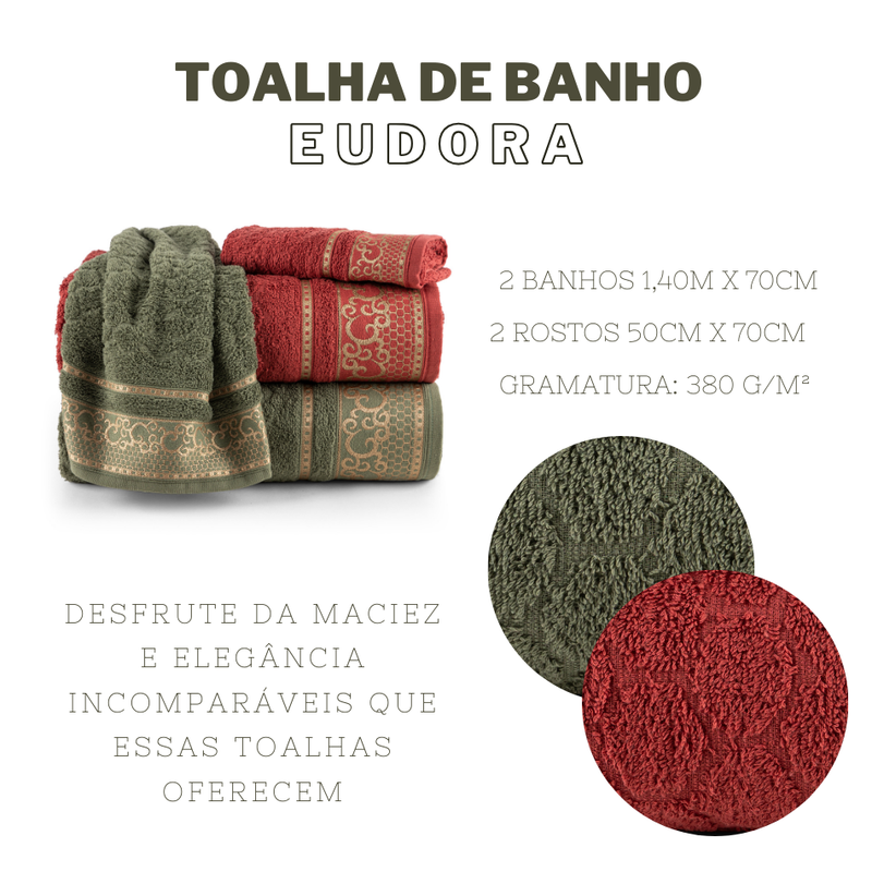JOGO DE BANHO EUDORA 4 PEÇAS - Cor:Tango e Oliva (Vinho e Verde) (800EUD770841)