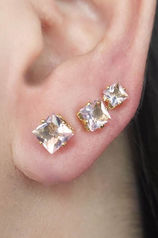Trio Quadrado de Zircônia Rosa Claro Banhado em Ouro 18k (TR0021)