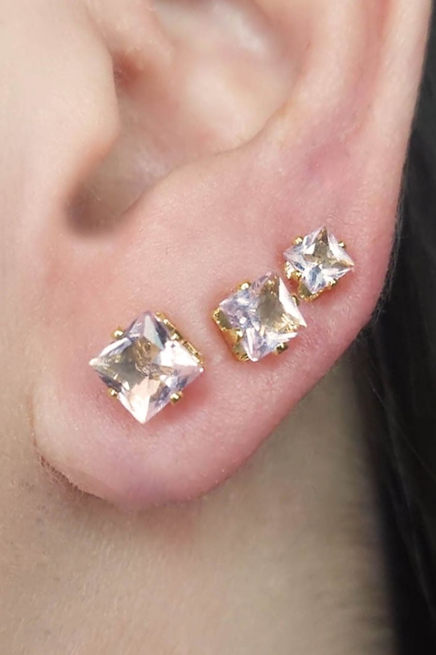 Trio Quadrado de Zircônia Rosa Claro Banhado em Ouro 18k (TR0021)