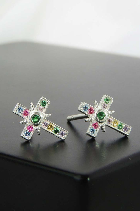 Brinco de Cruz com Zircônias Coloridas em Prata 925 (BR0257)