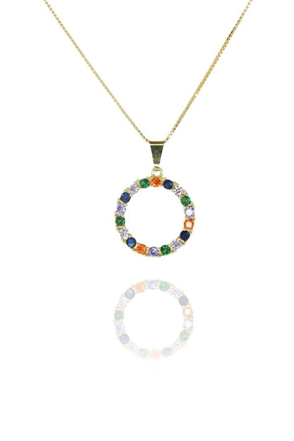 Colar Pingente Circulo de Zircônia Colorida Banhado em Ouro 18k (CL0095)