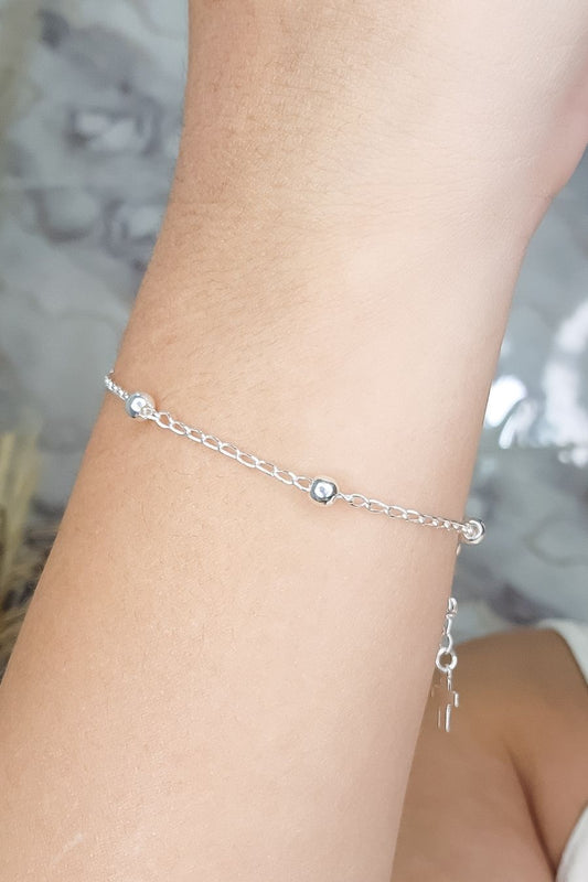 Pulseira de Bolinha com Cruz e Zircônia em Prata 925 (PL0066)