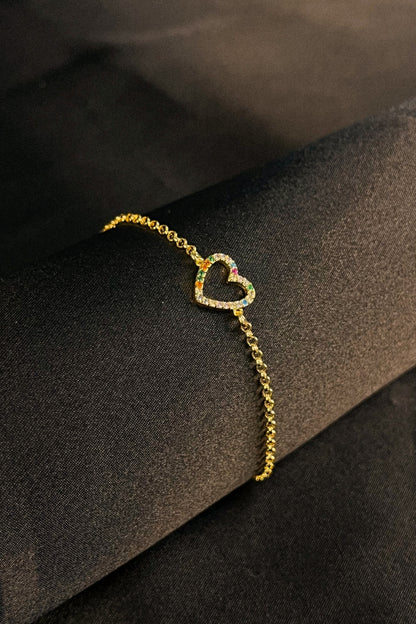Pulseira Com Pingente De Coração Em Zircônias Coloridas