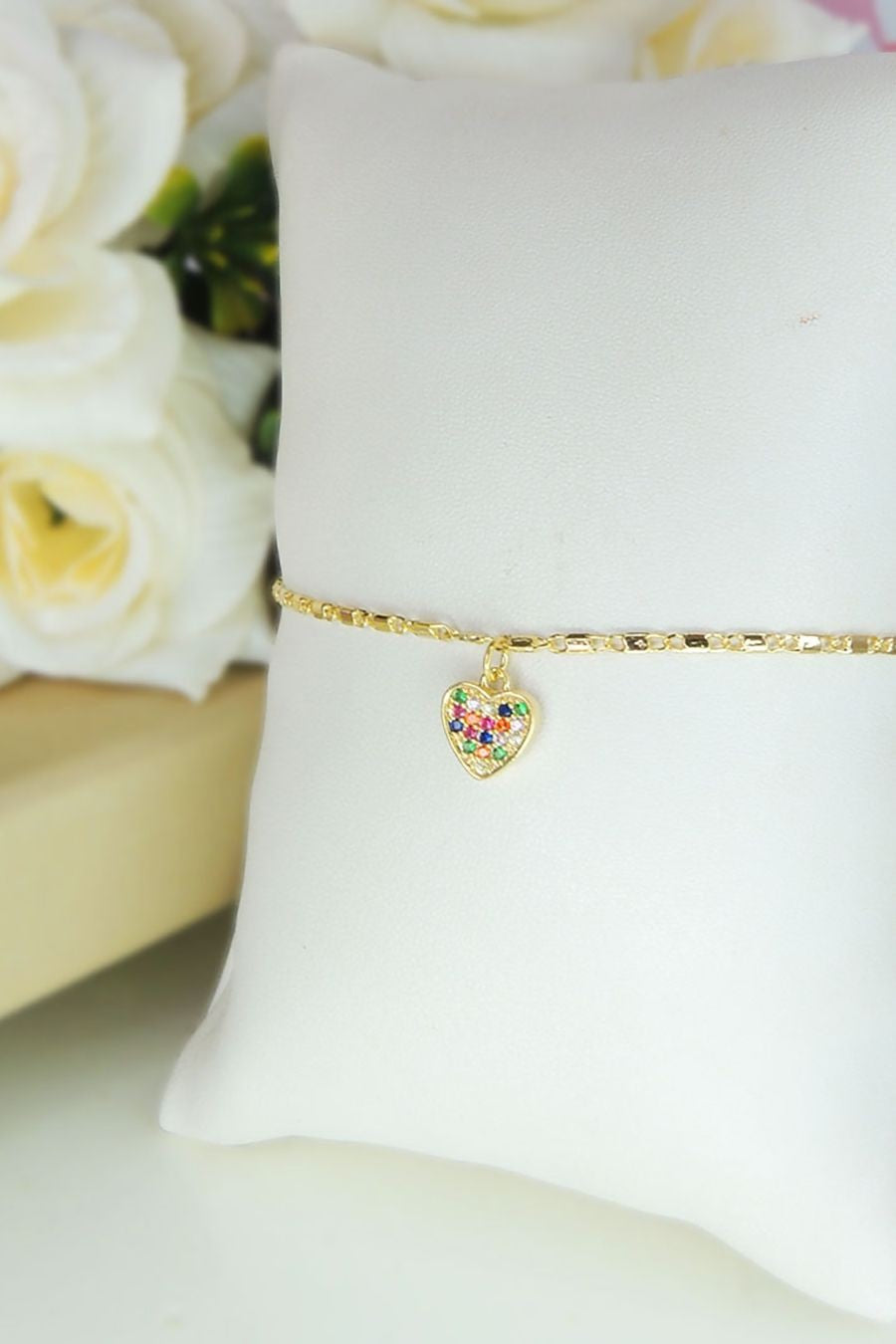 Pulseira Com Coração de Zircônias Coloridas Banhado a Ouro 18k (PL0052)